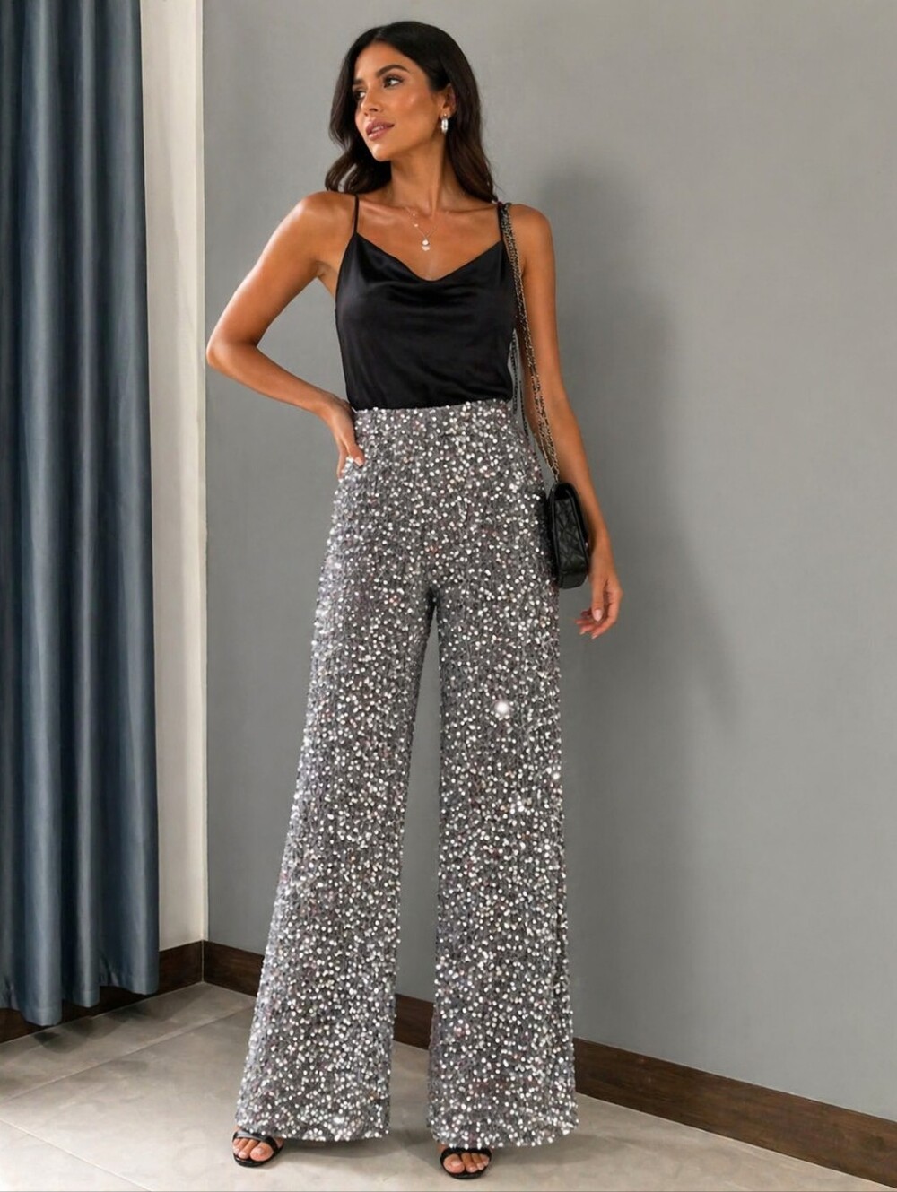 High Waist Sequins Flare  Pants